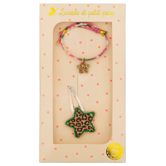 Geschenkdoos - Haarspeldje Leo star & Liberty Mitsi pioenarmband (gouden ster)