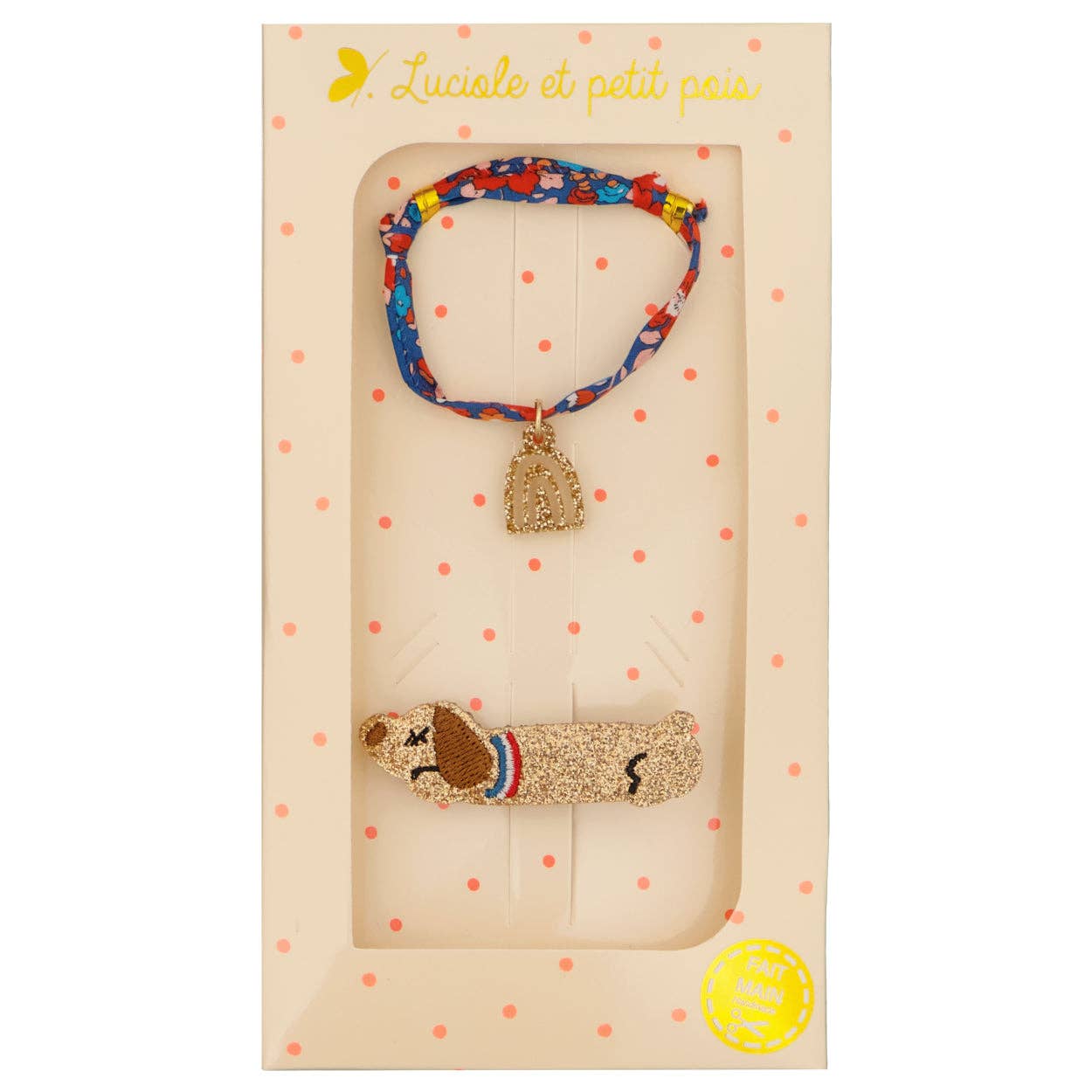 Cadeauset - Lange haarclip voor teckels en scharlakenrode Betsy Ann Liberty-armband (gouden regenboog)