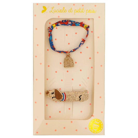 Cadeauset - Lange haarclip voor teckels en scharlakenrode Betsy Ann Liberty-armband (gouden regenboog)