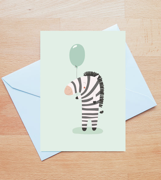 Wenskaart - zebra met ballon